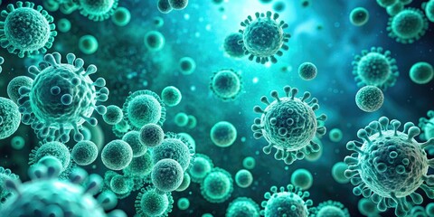 Background of teal-colored liquid with microscopic organisms, liquid, microscope, microorganism, biology