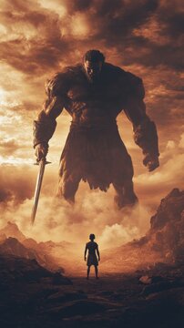 David vs goliath, biblical concept with copy space vertically 9:16