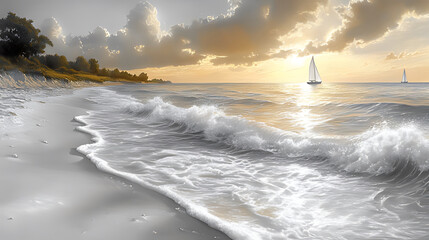 Sandy beach sunset, waves, sailboat, calm sea, home decor