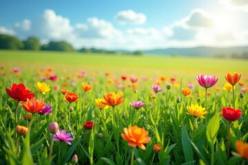 Obraz premium Rainbow-colored flowers in a field of tall grass, landscape, fields
