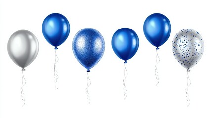 Assorted blue and silver balloons with patterns on white background