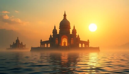 Majestic Temple Silhouette at Golden Sunset Over Water