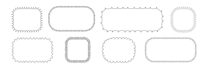 Hand drawn wavy and curly border designs in black and white. Scribble rectangle Frame set. Simple minimalist shapes for children art Design, posters, greeting card