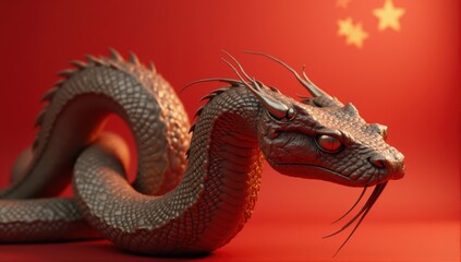 Silver Dragon Model Against Red Background with Star Motifs