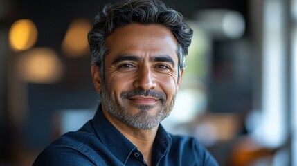 Portrait of a smiling middle-aged man in a cozy caf? setting with soft lighting