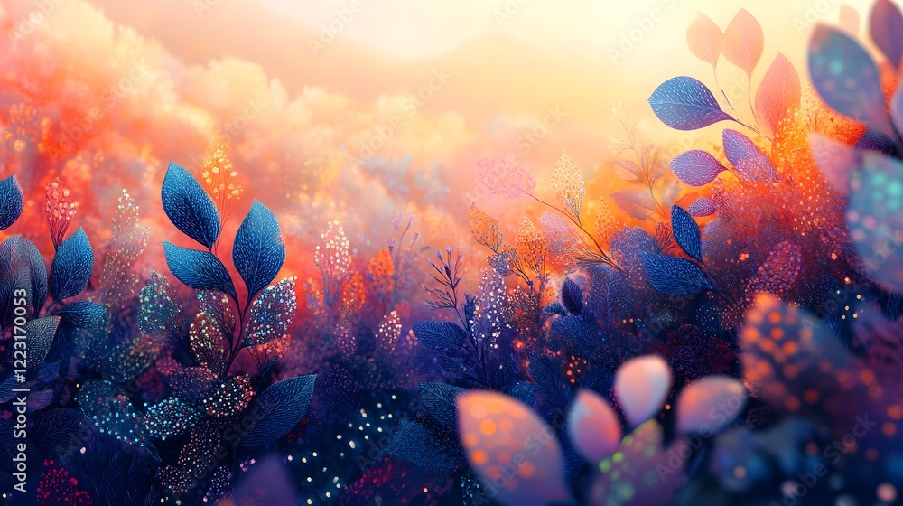 Poster lush abstract botanical landscape bathed in soft dreamy lighting and color gradients creating an eth