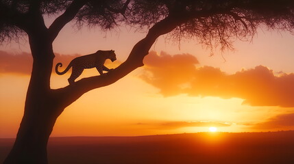 A leopard climbing a tree, set against a warm sunset sky and a savanna landscape