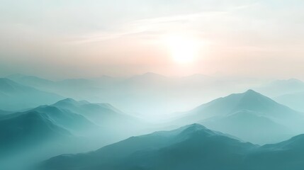 Majestic mountain landscape with soft gradient lighting and ethereal atmospheric haze creating a serene and calming modern aesthetic