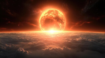 Fototapeta premium Fiery sun rising over cloudscape, cosmic background. Use science fiction, fantasy