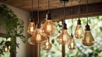 Obraz premium A cluster of vintage-style pendant lights hangs from a wooden ceiling fixture,