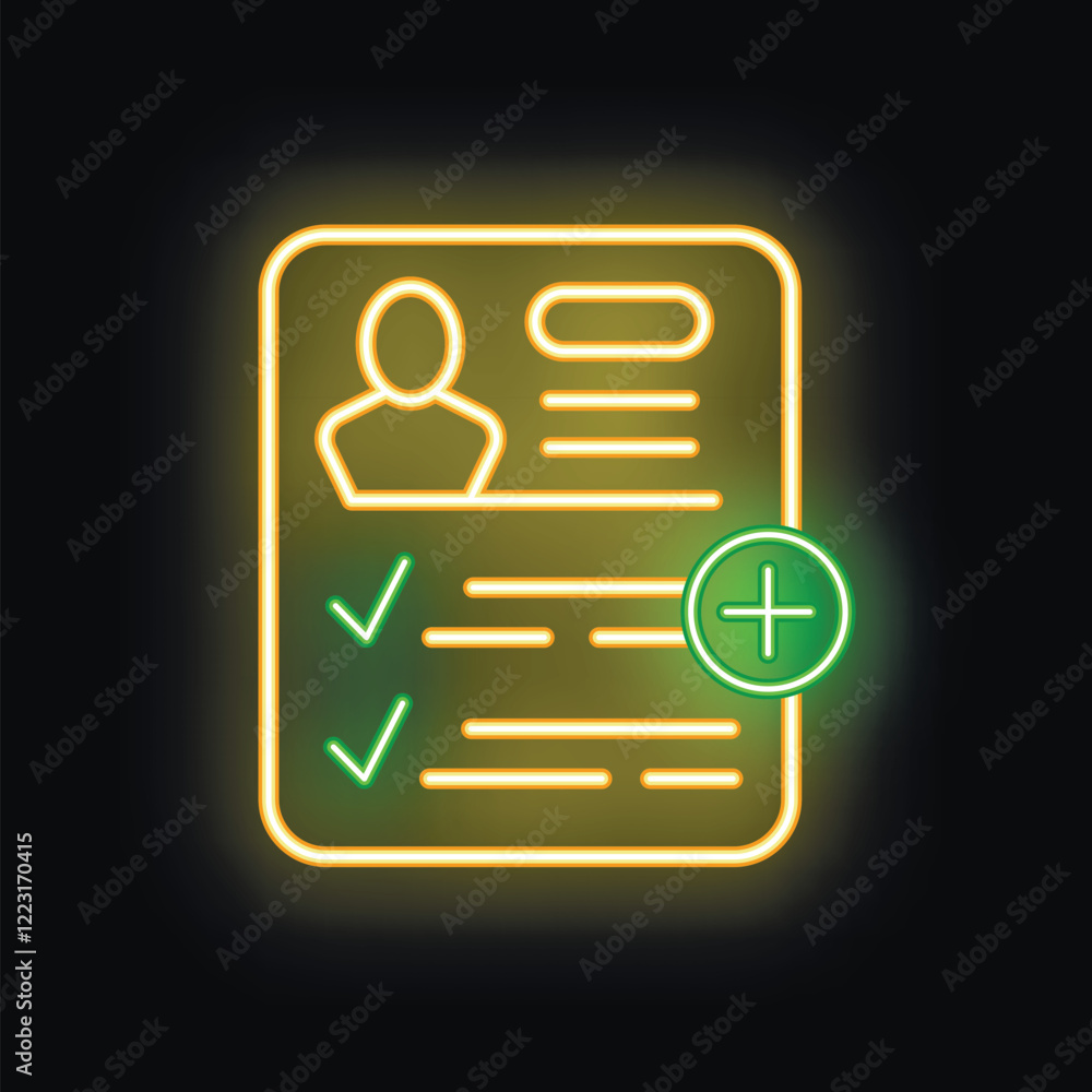Poster glowing neon icon of a curriculum vitae with an add button for concepts like recruitment and hiring