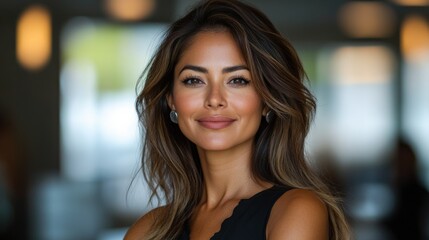 Portrait of a smiling woman with long hair in a modern indoor setting with blurred background