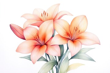 Fototapeta premium Vibrant watercolor illustration of pink lilies with green leaves on a white background