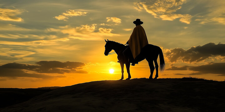 Vaqueiro gaúcho de chapéu e poncho em cima de um cavalo crioulo ao pôr do sol.