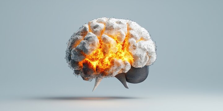 A surreal depiction of a brain engulfed in flames, merging intellect with chaos, symbolizing the clash of ideas and explosive thoughts.