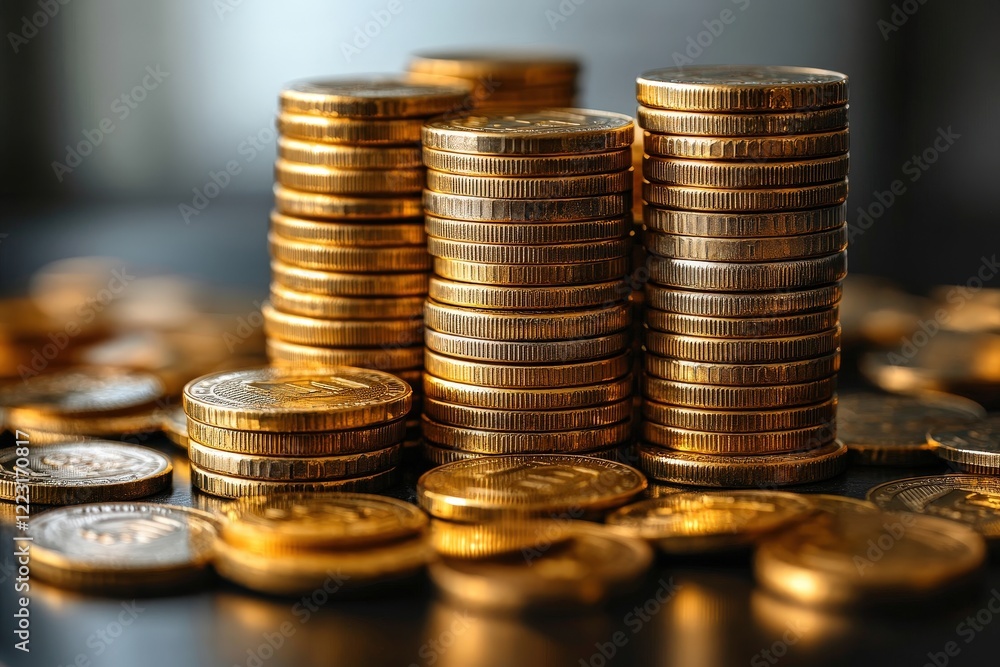Poster a pile of various coins stacked together on a flat surface with different sizes and colors