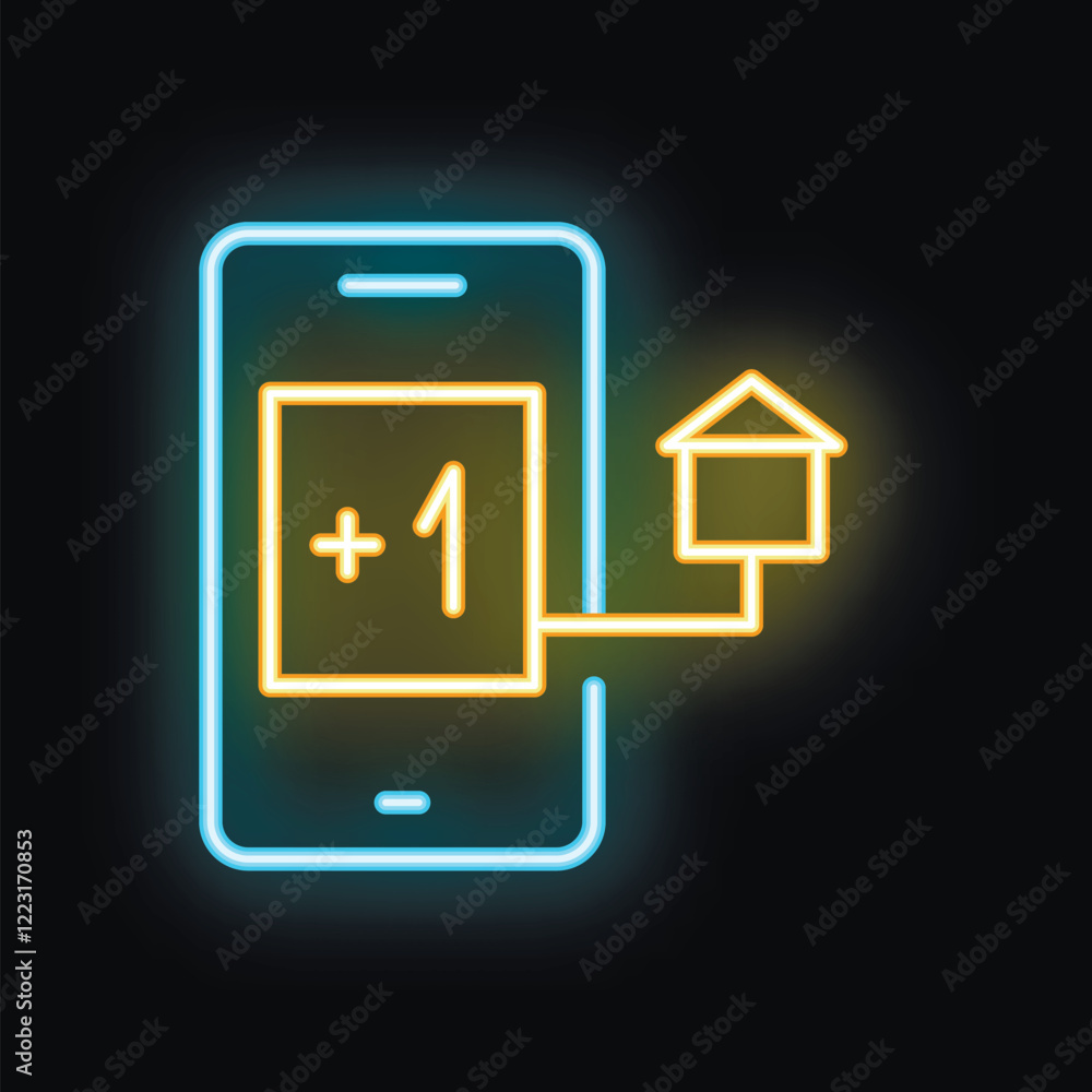 Poster glowing neon icon of a smartphone adding a smart home device to its system
