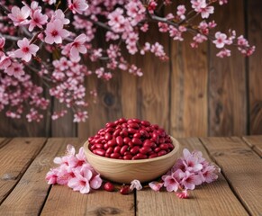 Beans with cherry blossoms isolated on a wooden background, tranquility, pattern