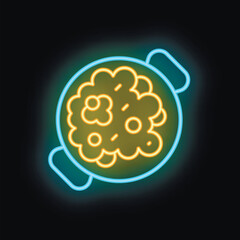 Neon sign of a pan containing food cooking on a stove top