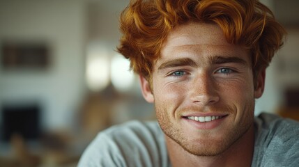 Young man with curly red hair smiling warmly in a cozy indoor setting with soft lighting