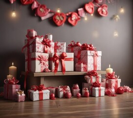 Beautifully decorated Valentine's Day gift table with wrapped presents and ribbons, elegant presentation, colorful ribbons, celebratory displays