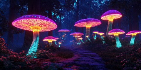 Fototapeta premium Vibrant, glowing mushrooms in a mystical forest setting, ideal for fantasy-themed projects, nature illustrations, or digital art.