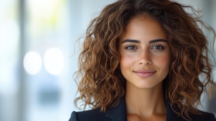 Confident young woman with curly hair smiling in a modern office setting, bright background