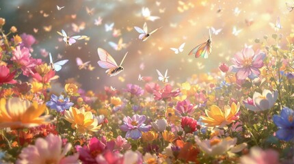 Beautiful watercolor artwork of fairy tale moths fluttering among blooming flowers, fluttering, wings