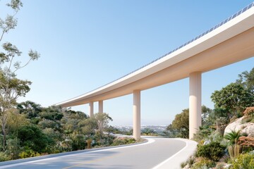 Modern elevated highway bridge over scenic landscape with clear blue sky and greenery