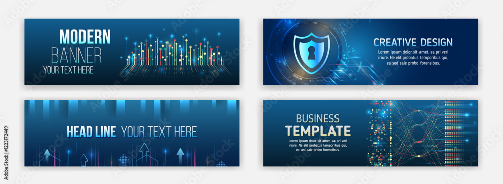 Poster Modern banner design with technology element. Data protection, internet communication, science, big data, cover design set. Sci-fi vector sample concept. High-tech horizontal banner template.