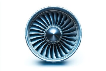 Close-Up View of a Jet Engine Turbine with Blue and Silver Coloration