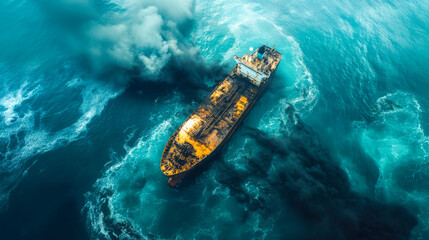 Oil tanker sinks in the open sea, demonstrating the impact of maritime disasters on the marine environment