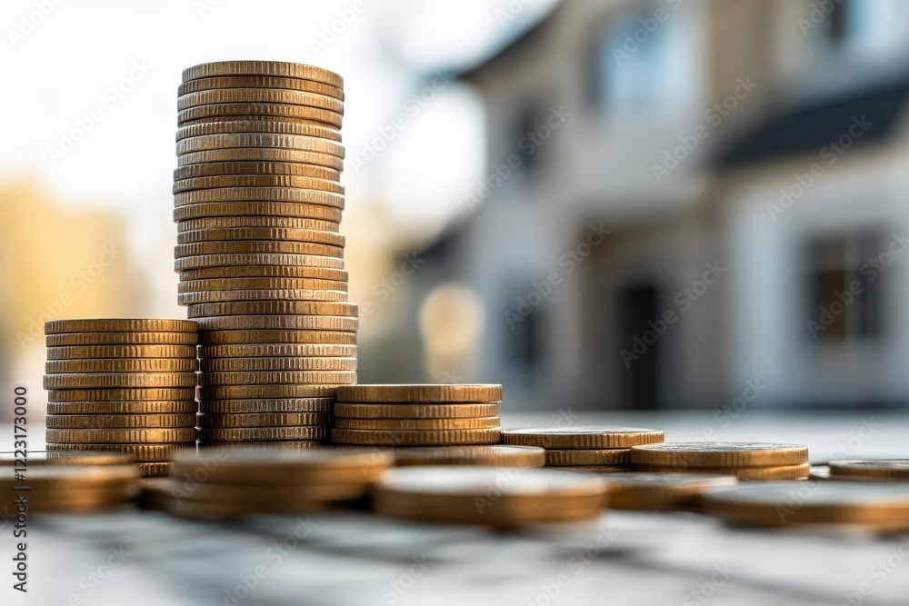 Poster a stack of various coins arranged neatly on a wooden table surface in bright lighting