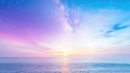 Peaceful ocean sunset with starry night sky, tranquil scene, ideal for travel, relaxation or meditation