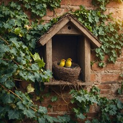 A pair of finches carefully build their nest in the ivy-covered eaves of a rustic cottage in a...