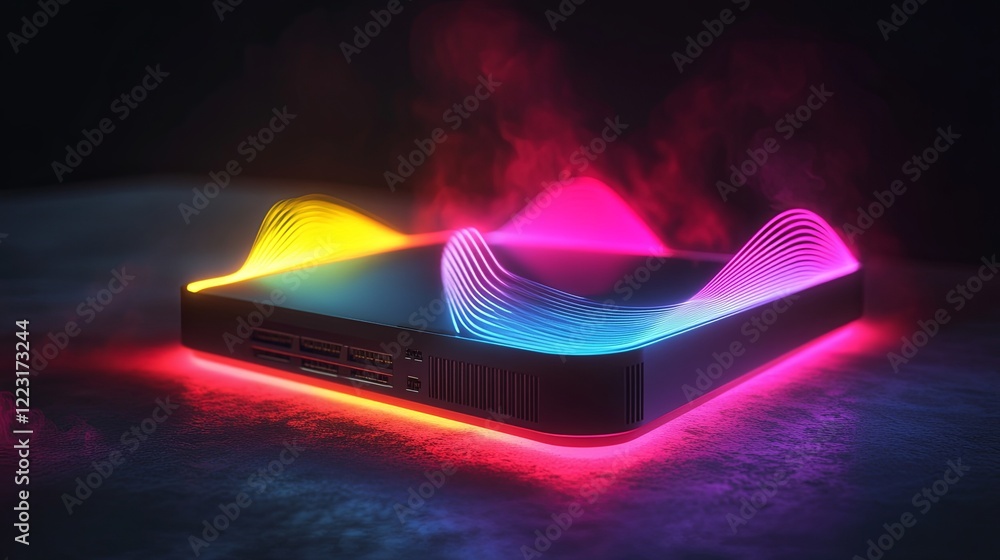Poster dynamic sound wave visualization digital studio graphic design high-tech environment close-up view c