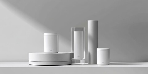 Stylish arrangement of modern containers on a clean surface, ideal for showcasing contemporary design, home decor, or product packaging.