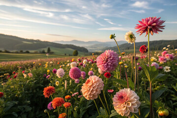 Vibrant dahlia field at sunrise, showcasing diverse blooms and scenic mountains.