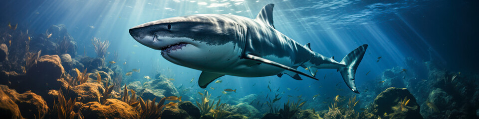 Fototapeta premium Majestic great white shark gliding through vibrant underwater coral reef during a sunlit afternoon