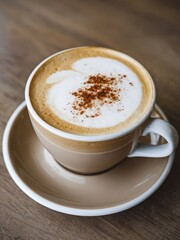 A cappuccino with frothy milk and a sprinkle of cinnamon in a beige cup on a saucer