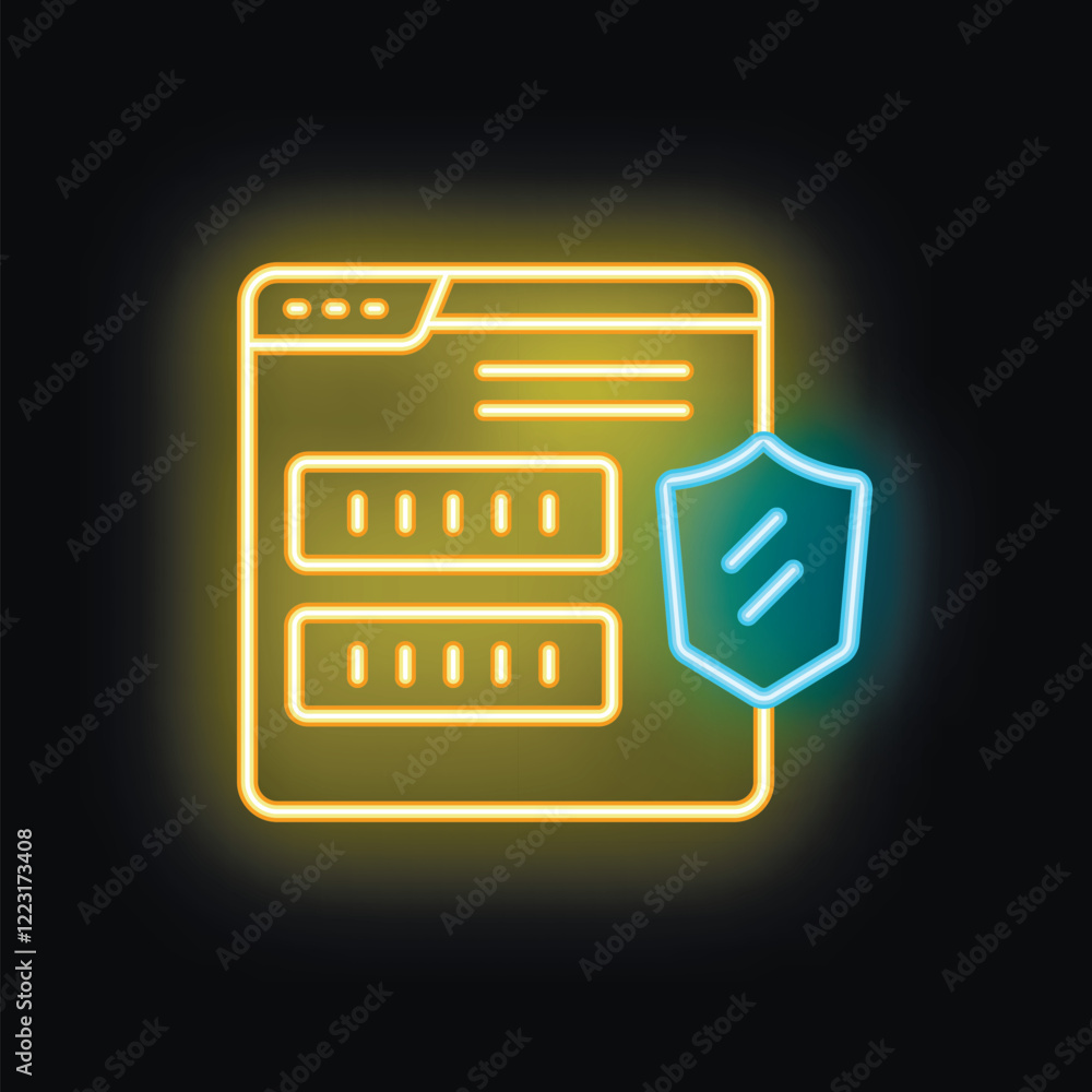 Poster neon icon of a website with a shield, representing online security and data protection