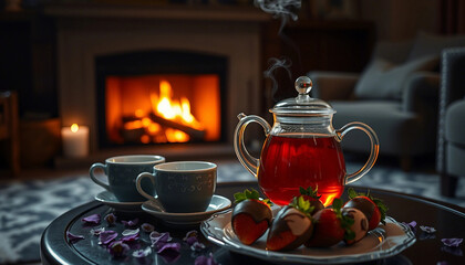 Fototapeta premium Charming cozy scene featuring steamy tea, colorful flowers, candles, and a fireplace. Invites relaxation and tranquility with warm tones and an intimate ambiance. Perfect for themes of comfort, warmth