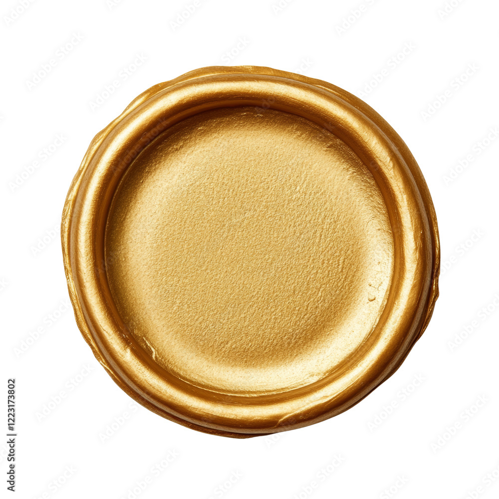 Poster a close up image of a circular golden seal wax impression against a black background showcasing its 