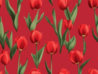 A Seamless Pattern of Red Tulips  on the Petals and Green Leaves on a Cream/Off-White Background
