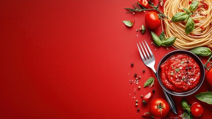 Italian food background featuring pasta, tomato sauce, tomatoes, basil, and spices on red surface © Marta P. (Milacroft)