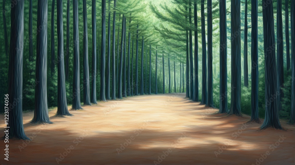 Poster a quiet forest path, with sunlight filtering through the trees, casting dappled shadows on the groun