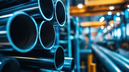 Close-up of metallic pipes in an industrial setting, showcasing manufacturing processes.