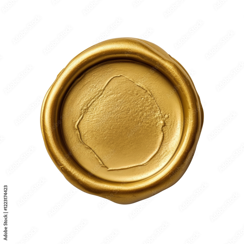 Poster a close up image of a circular golden wax seal against a black background shows a shiny texture and 