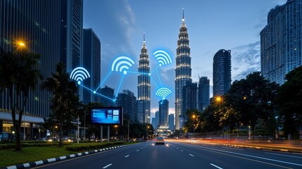 Smart city connectivity revolution kuala lumpur's iconic petronas towers urban landscape digital innovation modern infrastructure daytime view future-ready environment