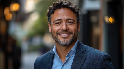 Smiling man in a stylish suit stands confidently in a vibrant urban alleyway during daylight